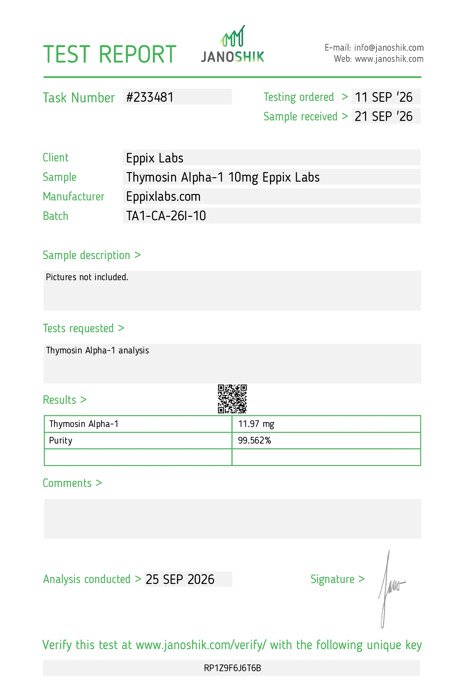 Certificate of Analysis for Thymosin Alpha-1 10mg