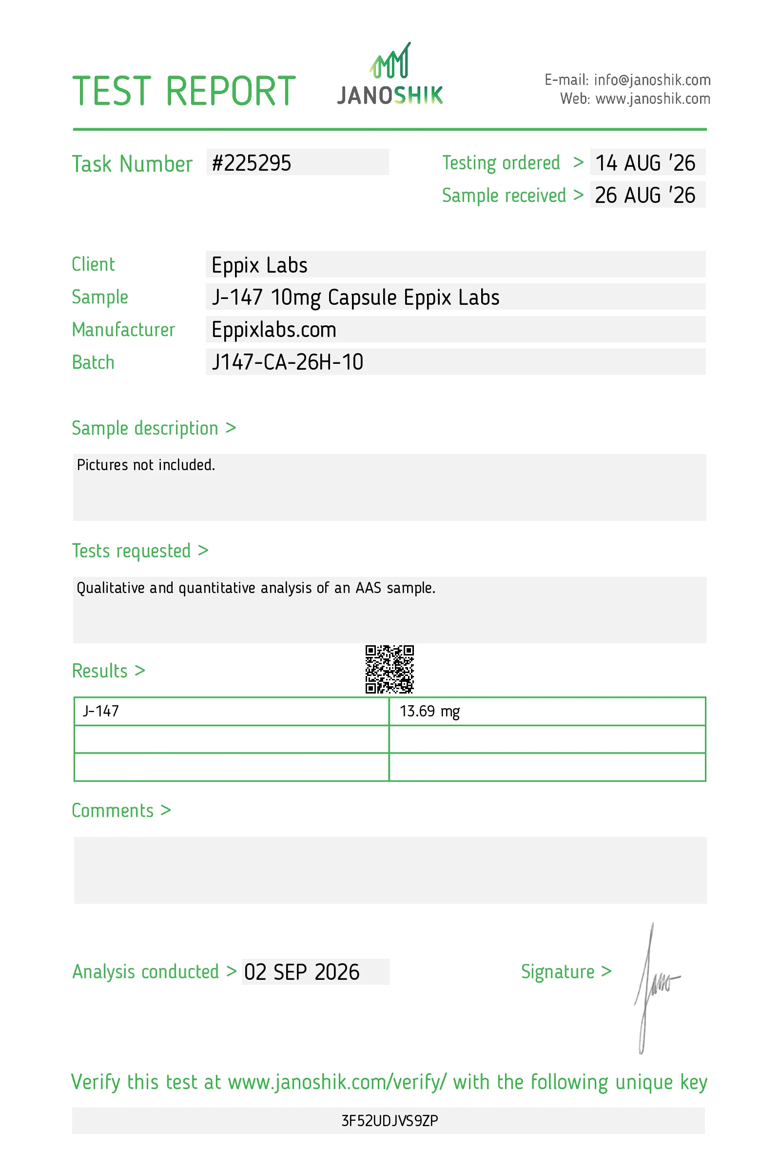 Certificate of Analysis for J-147 Capsules batch J147-CA-26H-10