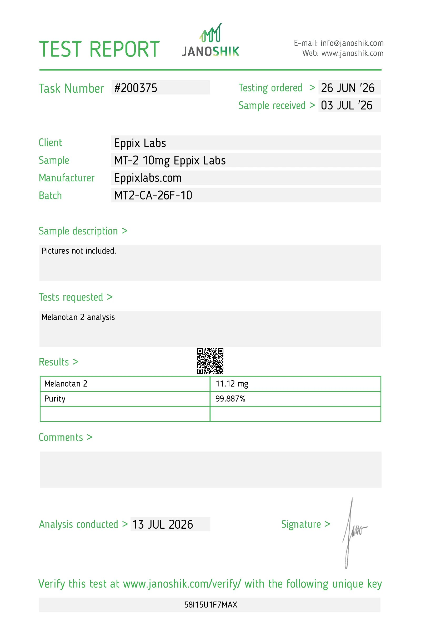 Certificate of Analysis for Melanotan II 10mg
