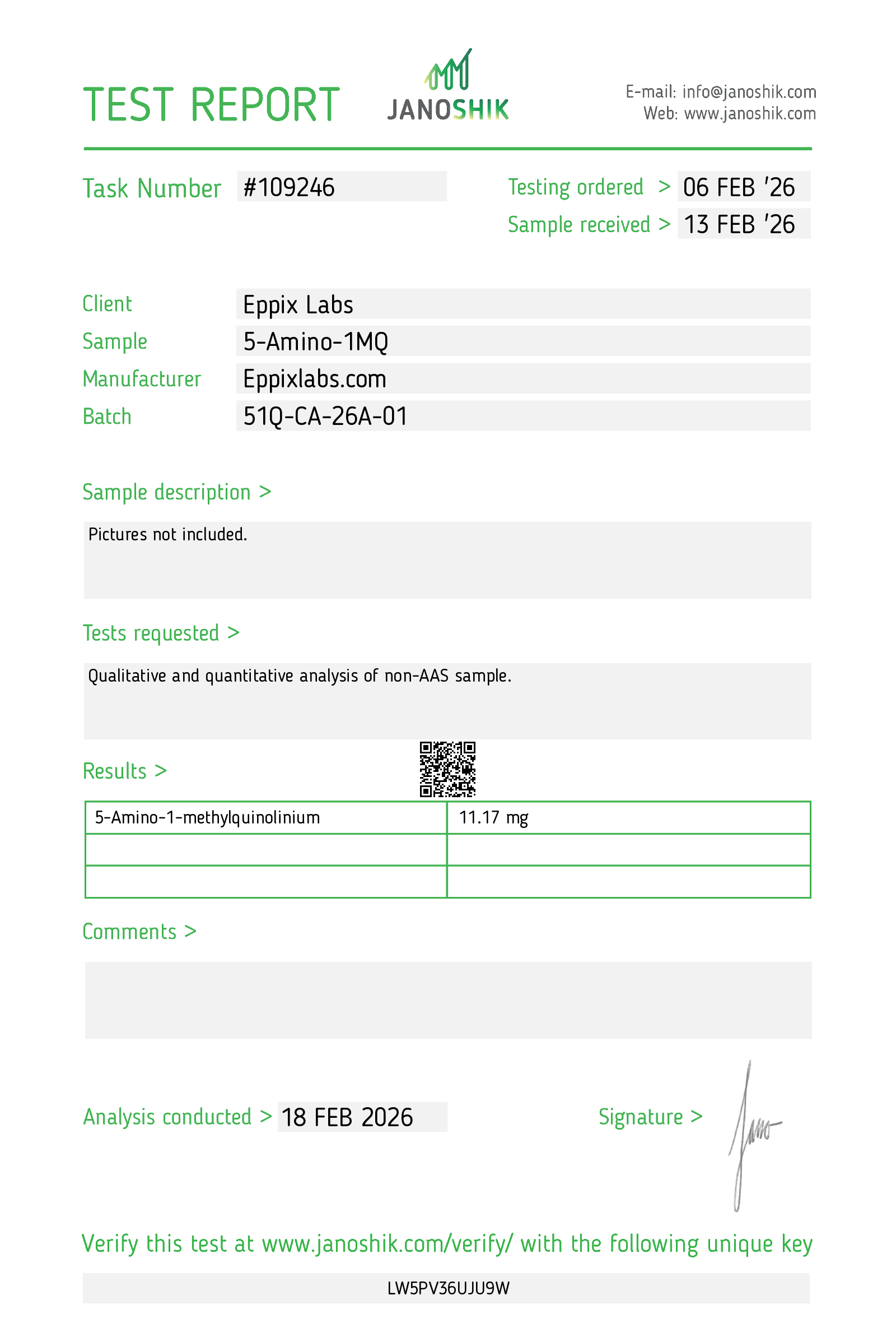 Certificate of Analysis for 5-Amino-1MQ Capsules 50mg