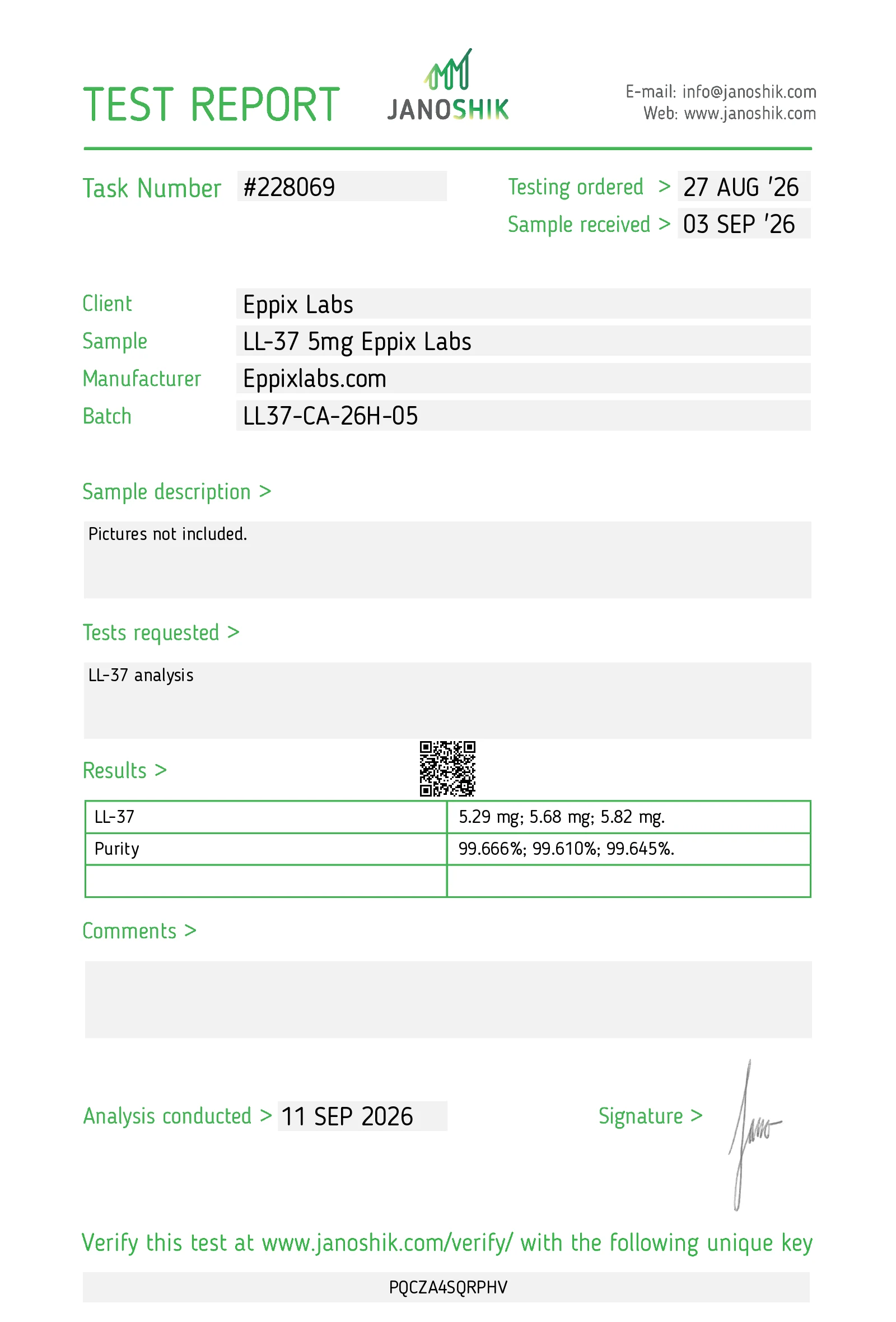 Certificate of Analysis for LL-37 5mg