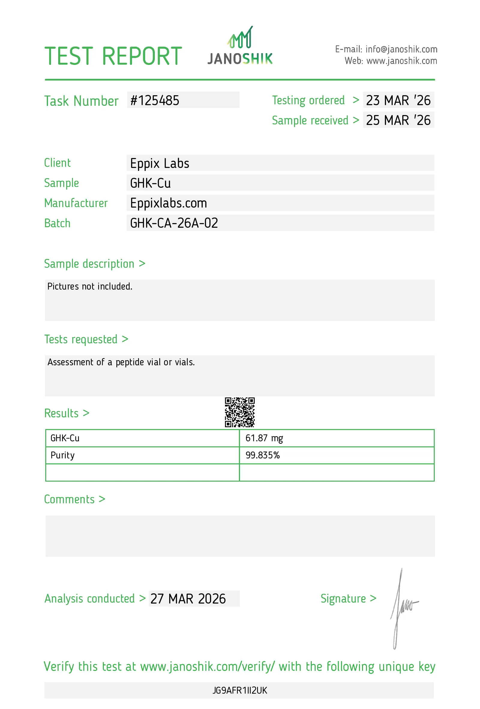 Certificate of analysis for GHK-Cu 50mg, batch GHK-CA-26A-02, 99.835% purity, 61.87 mg measured content