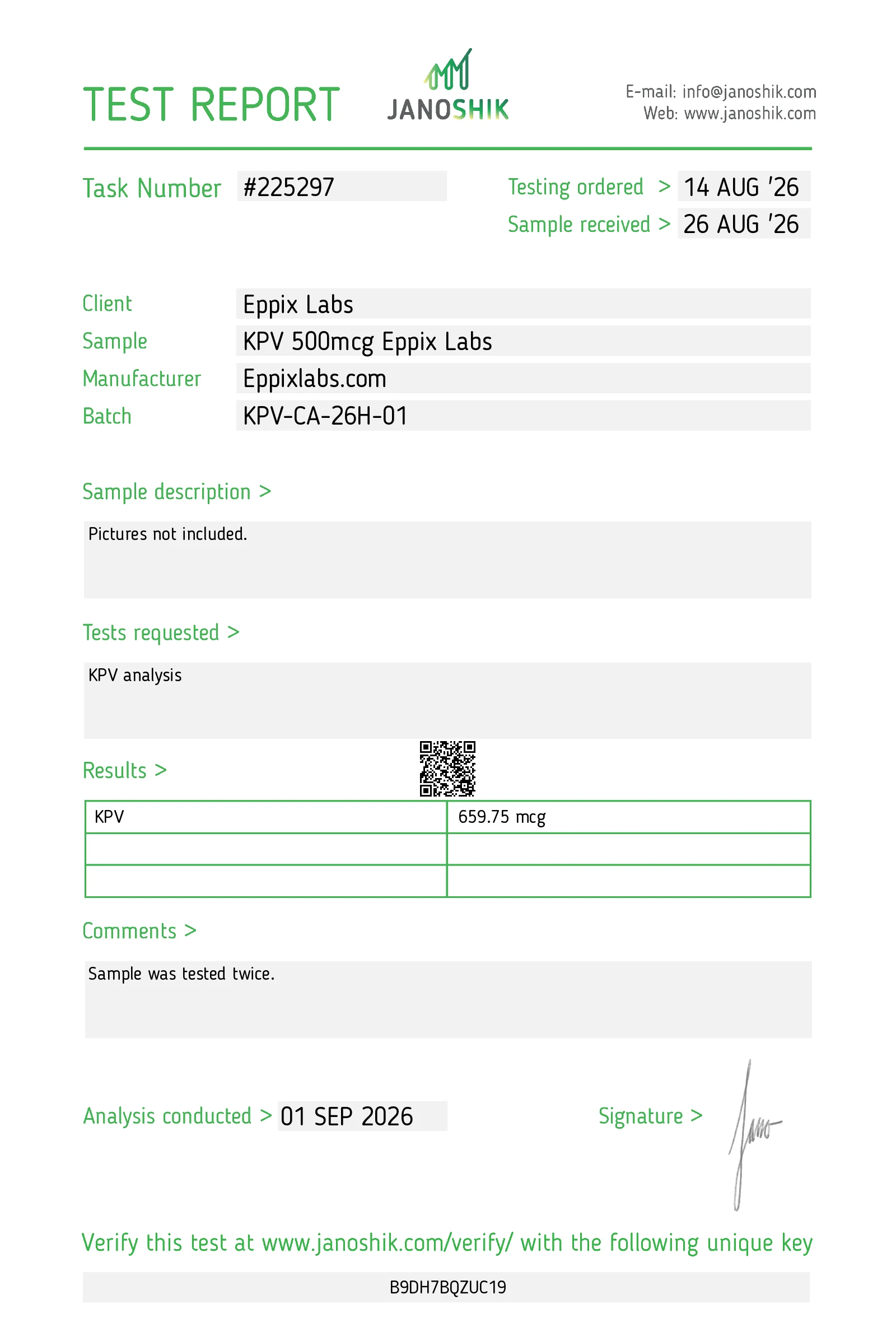 Certificate of Analysis for KPV Capsules 500mcg