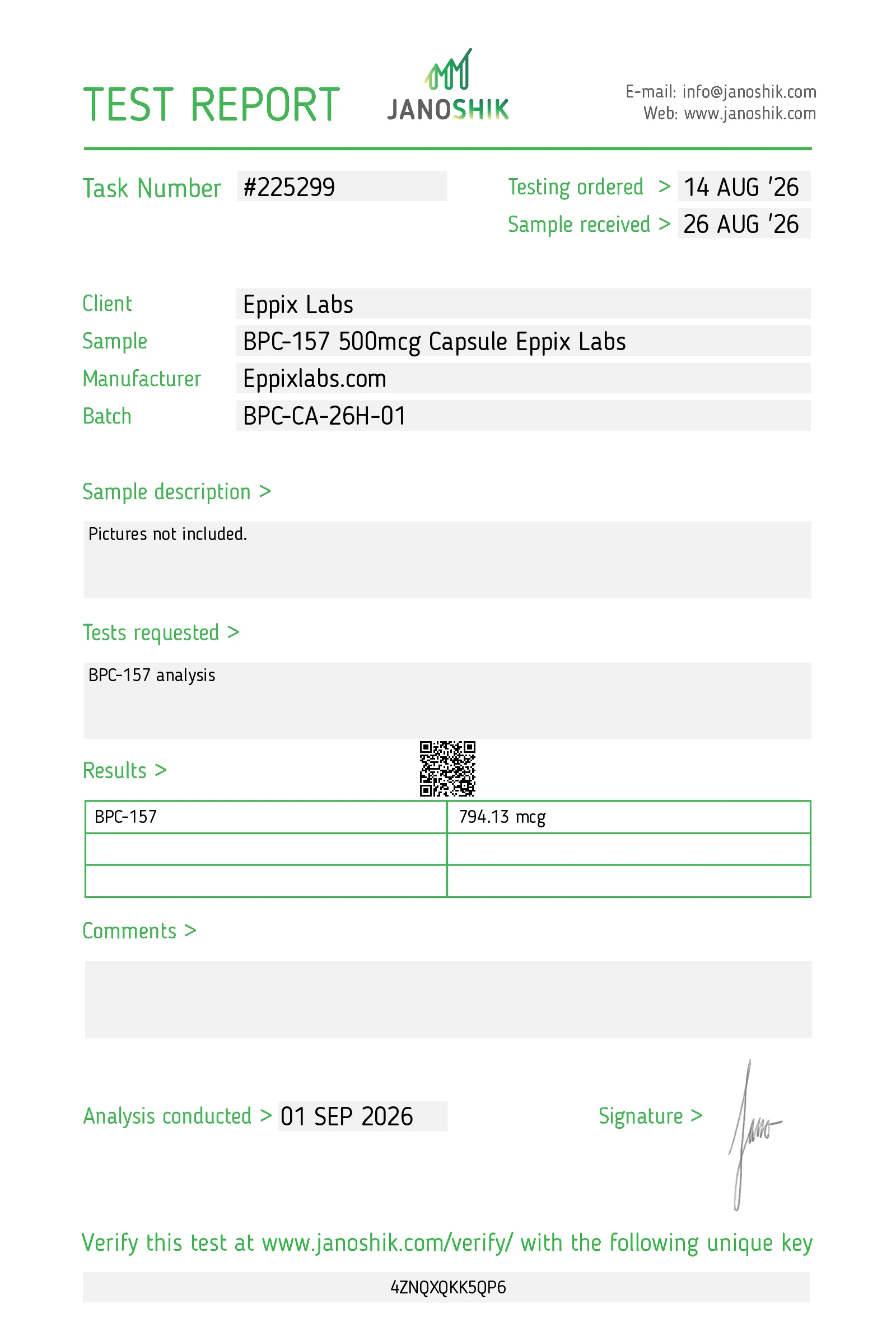 Certificate of Analysis for BPC-157 Capsules 500mcg