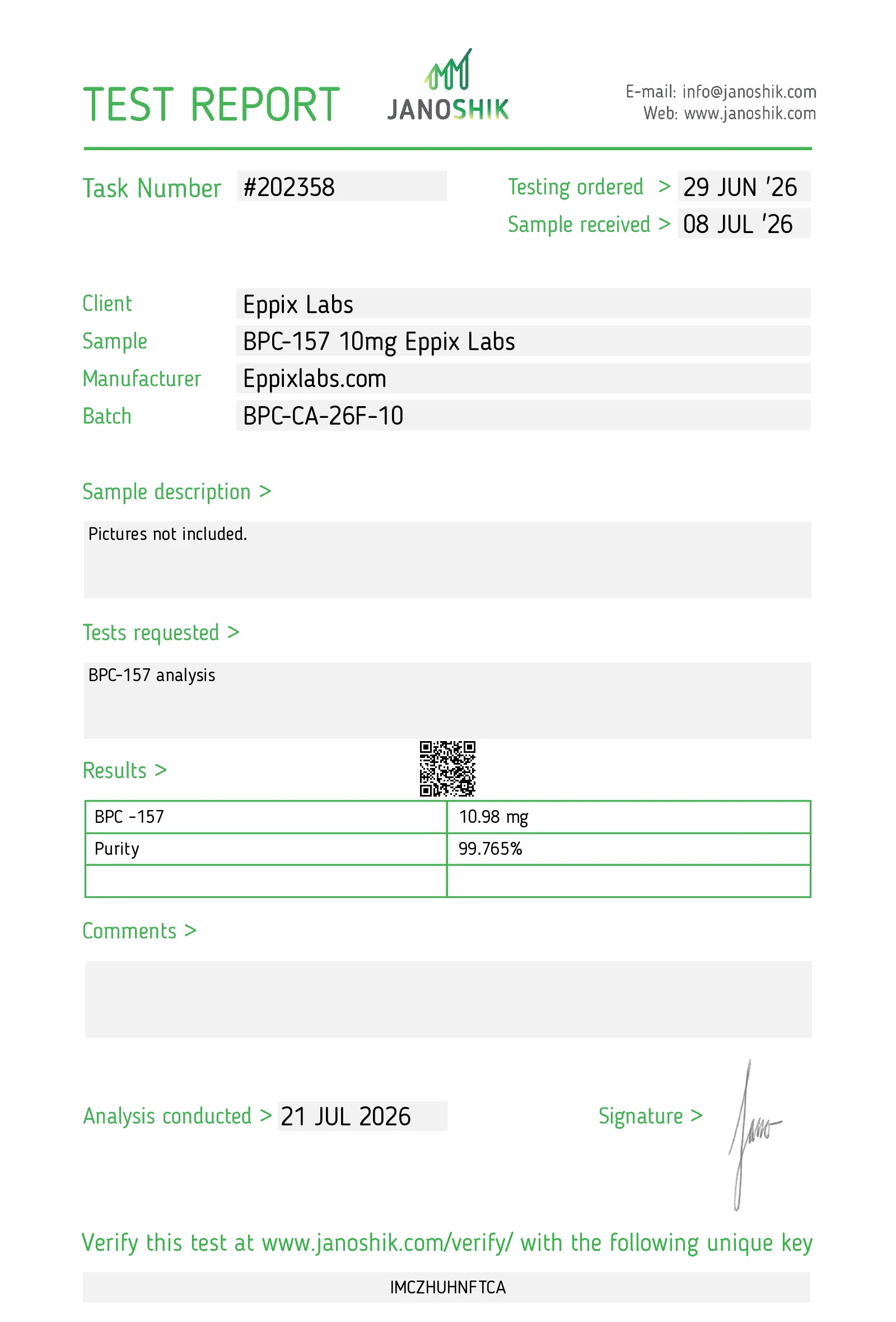 Certificate of Analysis for BPC-157 10mg