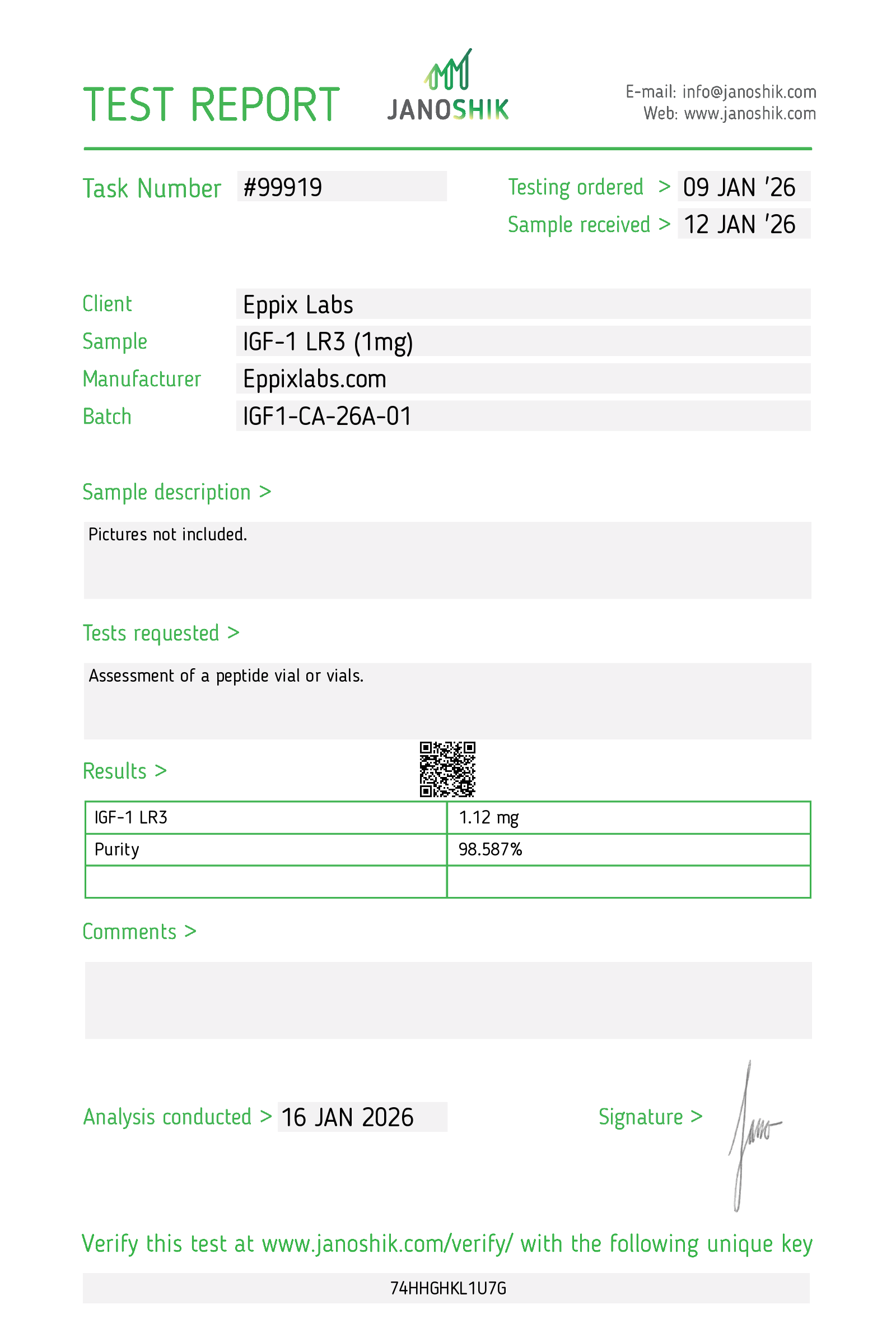 Certificate of Analysis for IGF-1 LR3 1mg