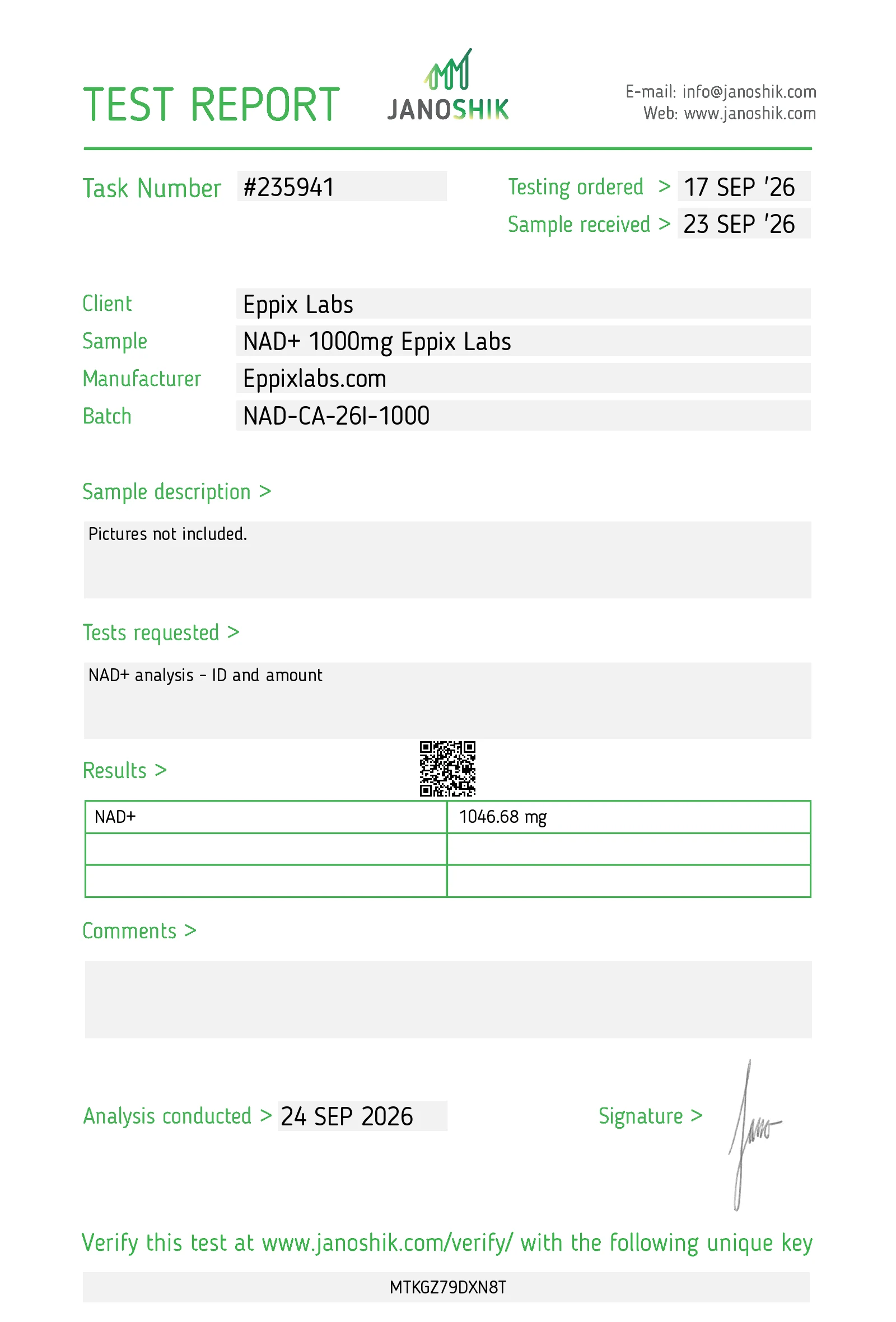 Certificate of Analysis for NAD+ batch NAD-CA-26I-1000